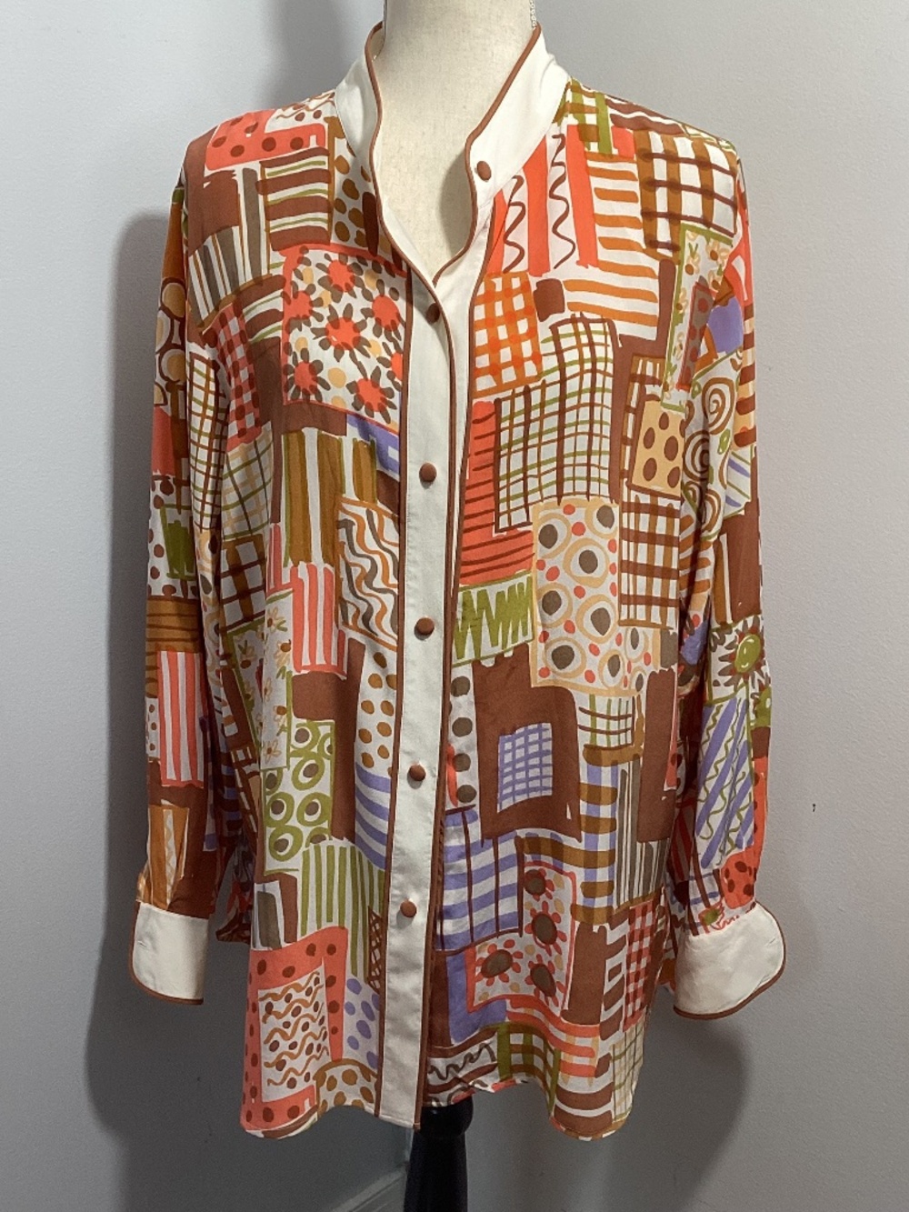 VTG 80 -S BOB MACKIE WEARABLE ART SILK BLOUSE  TUNIC   LARGE MANDARIN COLLAR